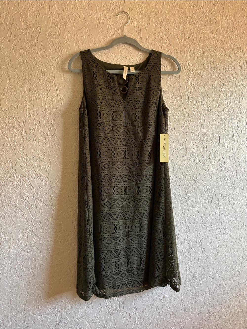 Tacera Olive Green Crochet Shift Dress